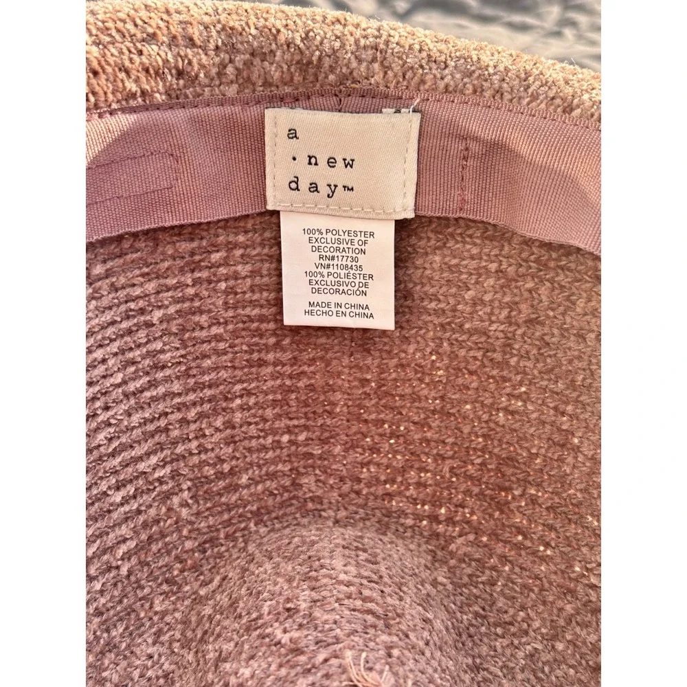 Boho Fedora Hat OS Mauve Brown Polyester Knit Faux Leather Bow Trim Adjustable‎